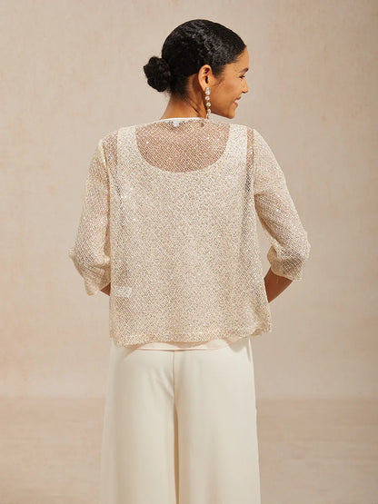 Twinset aus Pailletten-Mesh mit Rundhals und 3/4-Ärmeln
