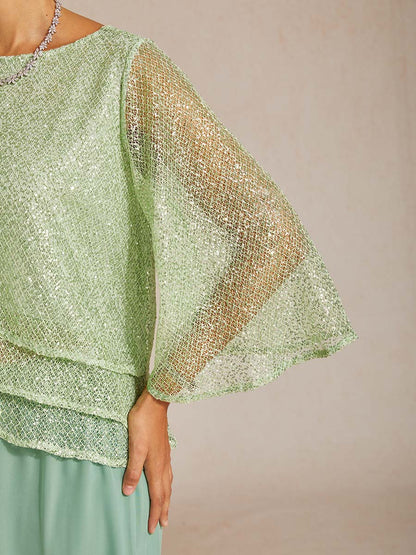 Haut Superposé en Mesh à Manches Cloche et Sequins