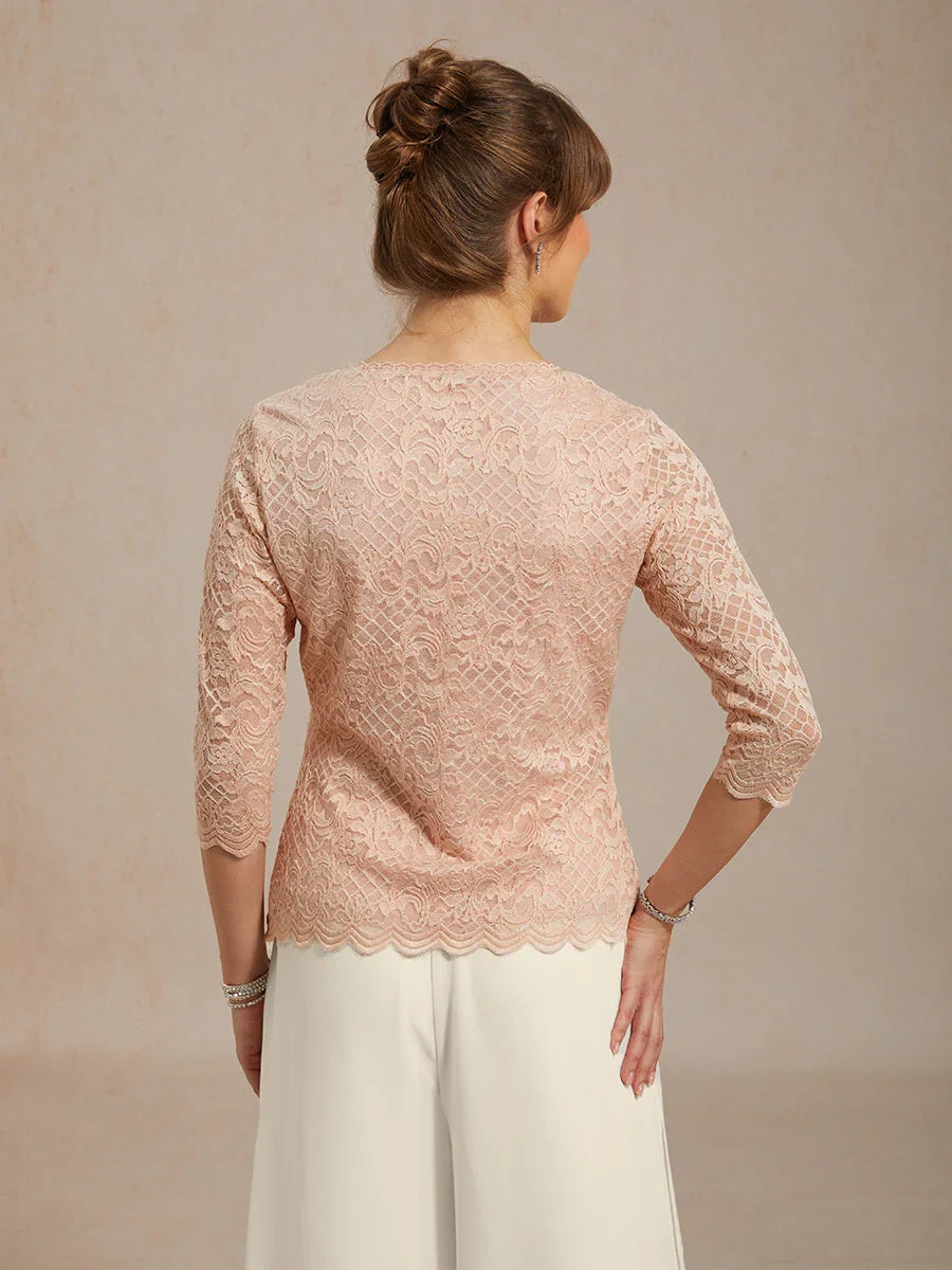 Feminine V-Neck Stretch Lace Top with Scalloped Hem