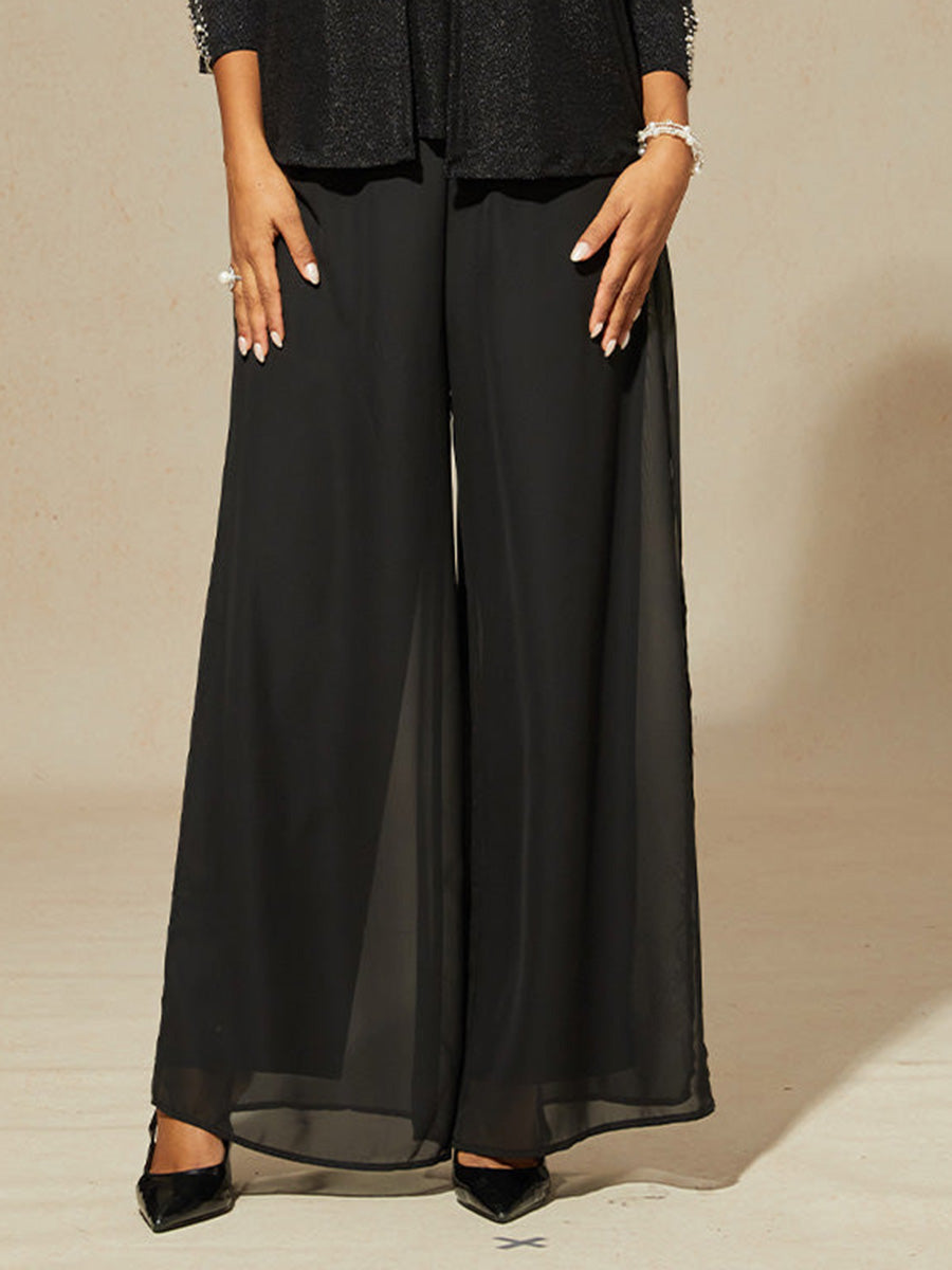 Beaded 3/4 Sleeve Metallic Knit Blouse And Pant Suits