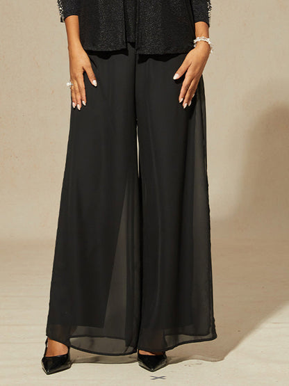 Beaded 3/4 Sleeve Metallic Knit Blouse And Pant Suits