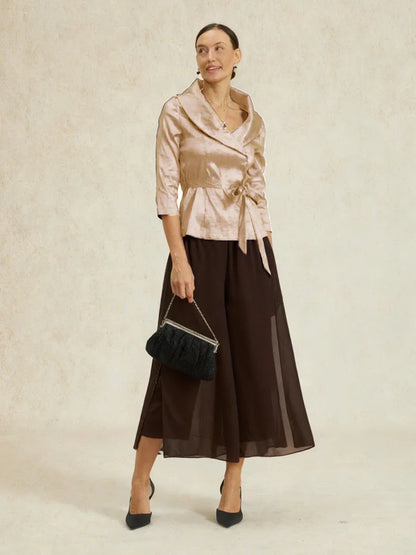 Cropped Length Straight Leg Pant With Chiffon Split Leg Overlay