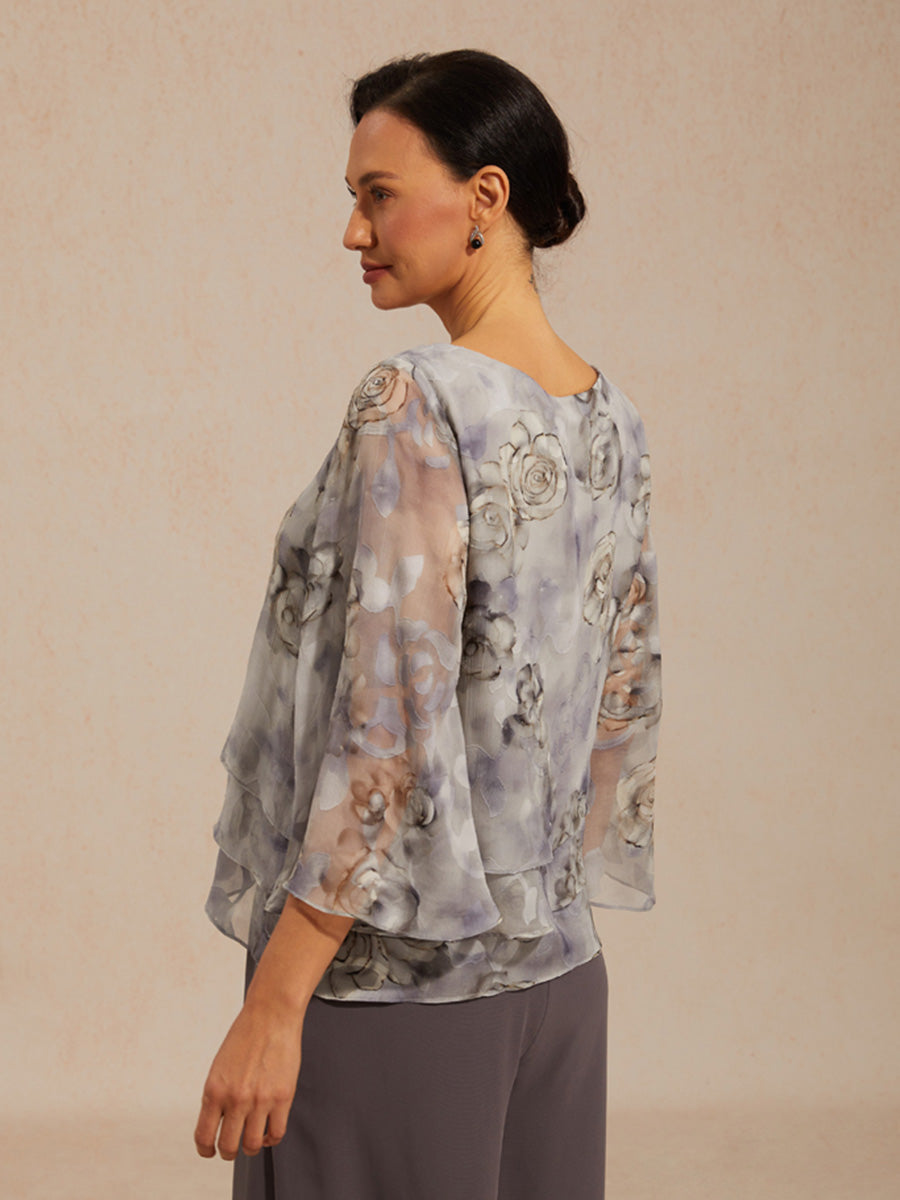 Lace Chiffon Layered Blouse with Floral Print