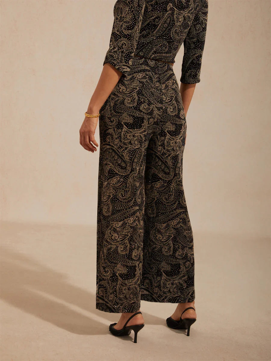Paisley Straight Leg Knit Pants with Subtle Sequin Detail