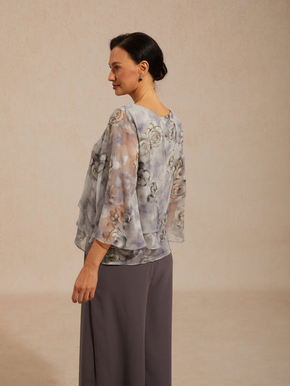 Blouse en Chiffon à Volants Superposés avec Imprimé Floral