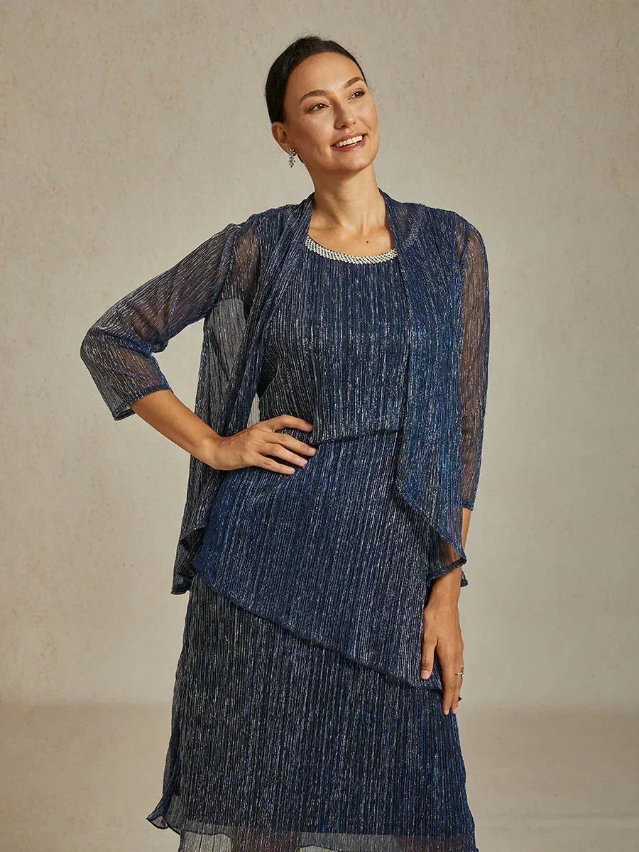 Metallic Pleated Chiffon Long Jacket Dress