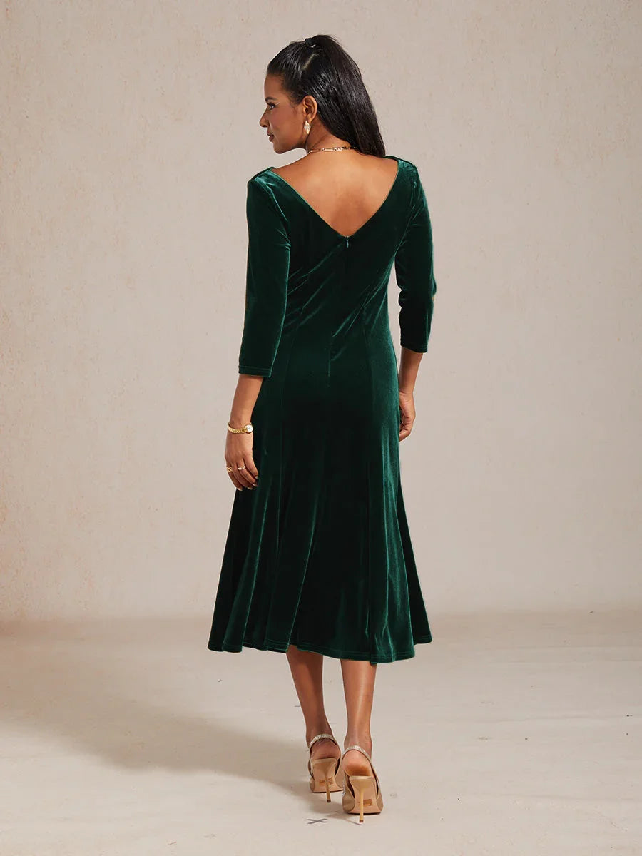 velvet cowl neck midi dress Velvet Sleeveless Mermaid Dress Tea Length Formal Gown Olive Cocktail Wedding Guest Evening Winter Ladies Glamorous, Olive / L