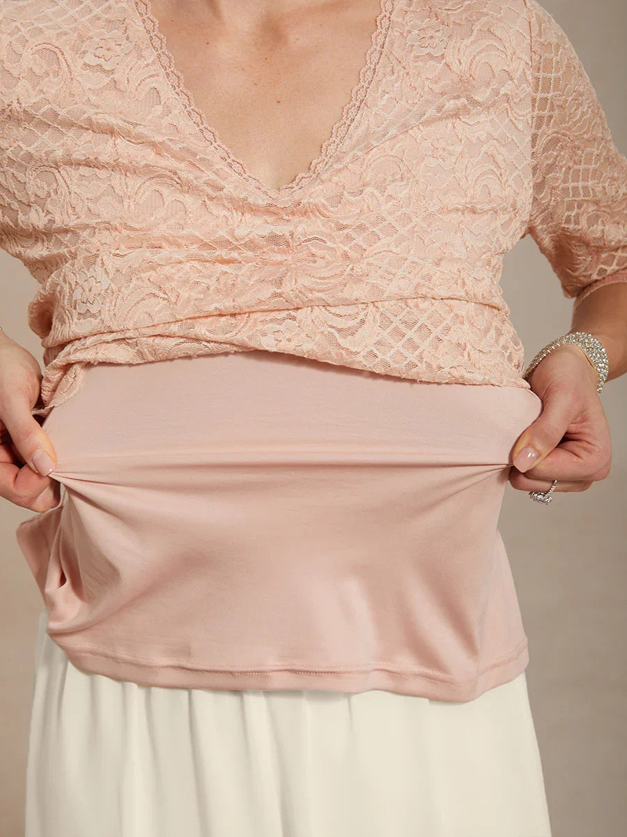 Feminine V-Neck Stretch Lace Top with Scalloped Hem