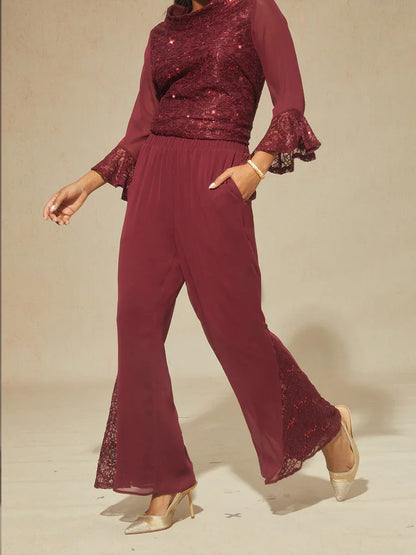 Mid-rise Chiffon Flared Pants with Lace Trim
