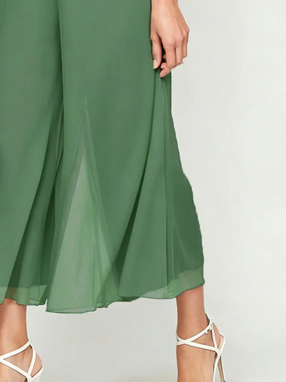 Cropped Length Straight Leg Pant With Chiffon Split Leg Overlay