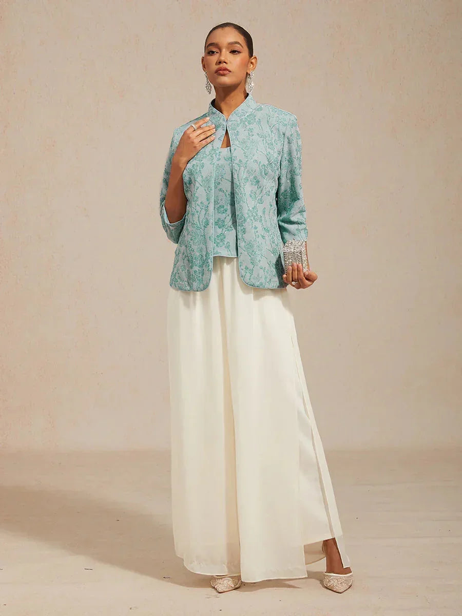 Floral Knit Jacquard Mandarin Collar Twinset