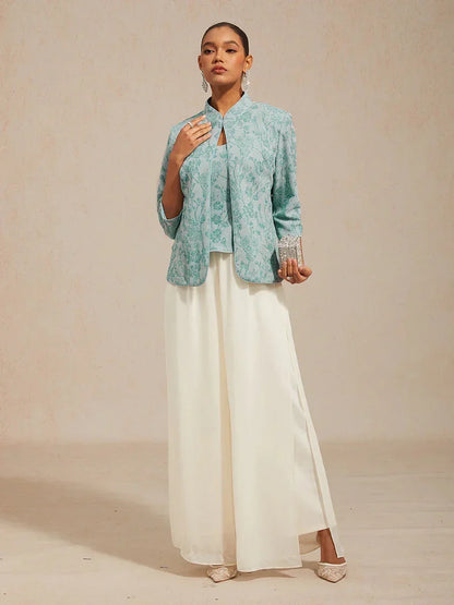 Floral Knit Jacquard Mandarin Collar Twinset