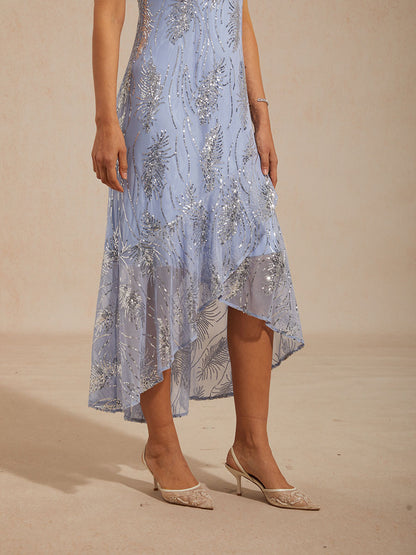 Sleeveless A-Line Maxi Dress with Mesh Sequin