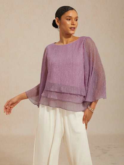 Metallisch Geplooide Chiffon Asymmetrische Gelaagde Blouse