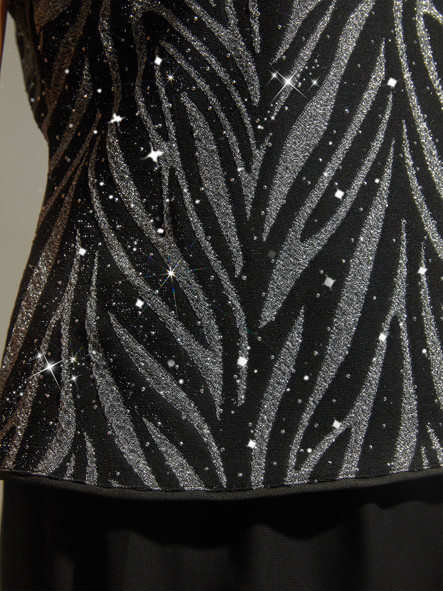 Elegant Mandarin Collar Twinset with Rhinestone-Embellished Zebra Print