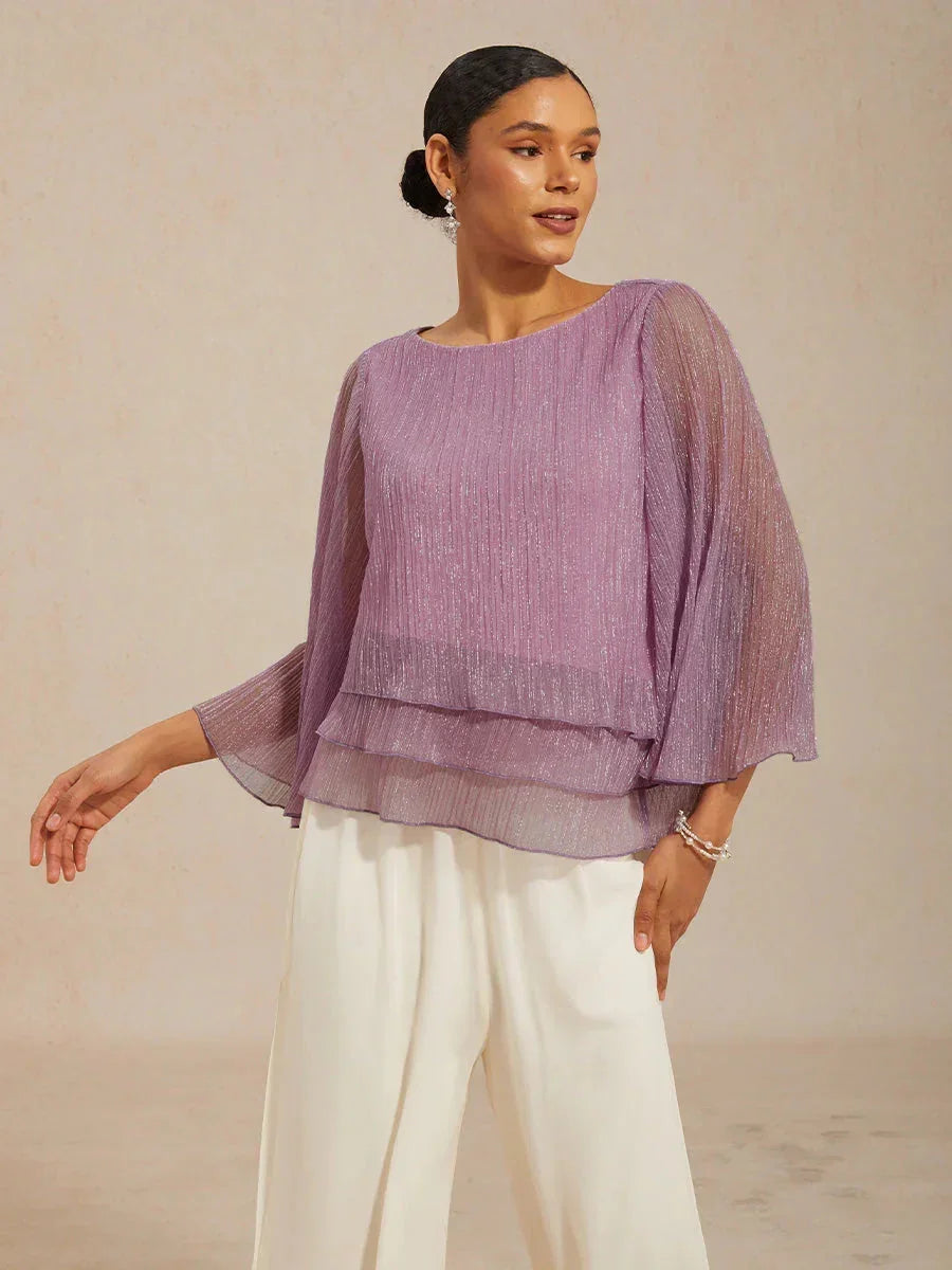 Metallic Pleated Chiffon Asymmetrical Layered Blouse