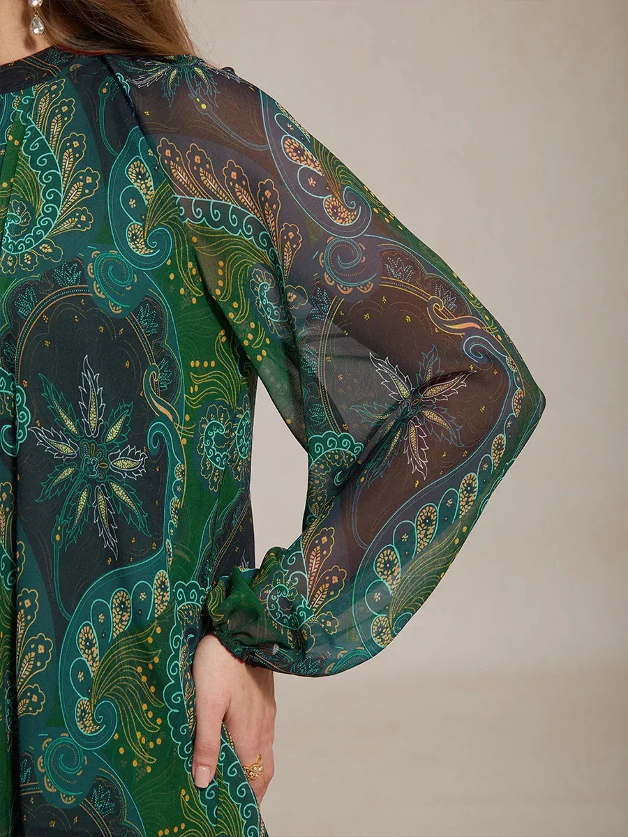 Paisley Chiffon Peasant Blouse with Long Lantern Sleeves