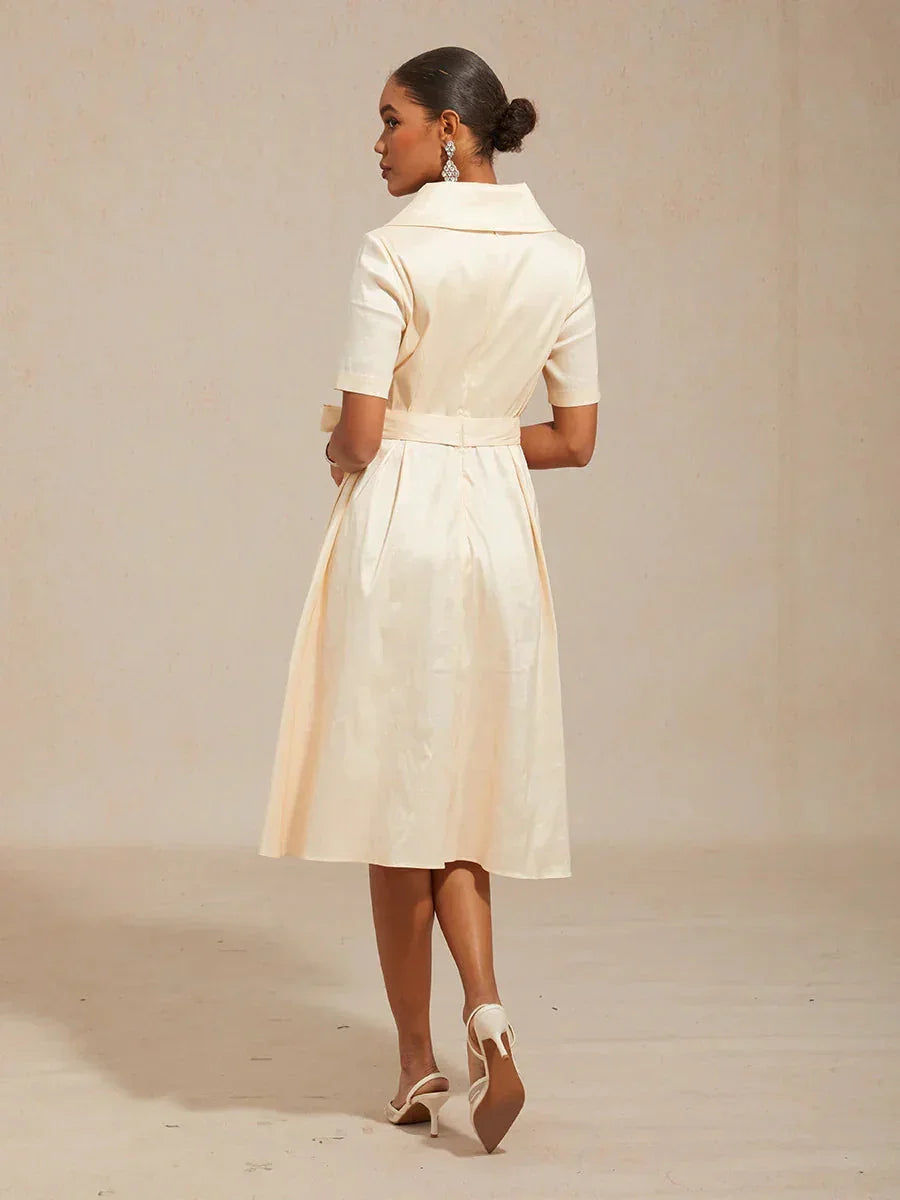 Collar Stretch Taffeta Dress with Tie Waist Belt