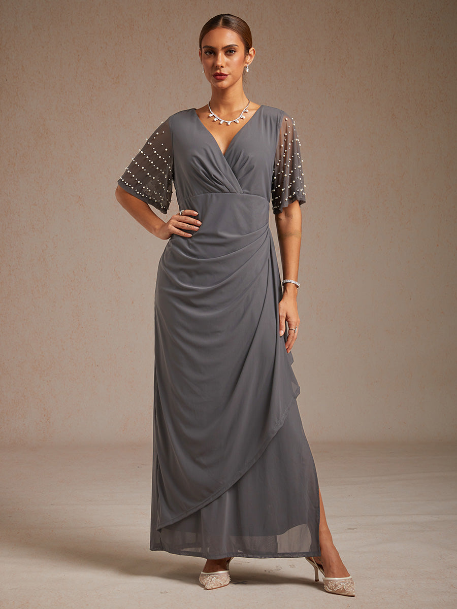 Elegant Formal Dress with Embellished Flutter Sleeves