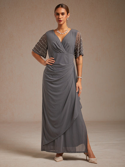 Elegant Formal Dress with Embellished Flutter Sleeves