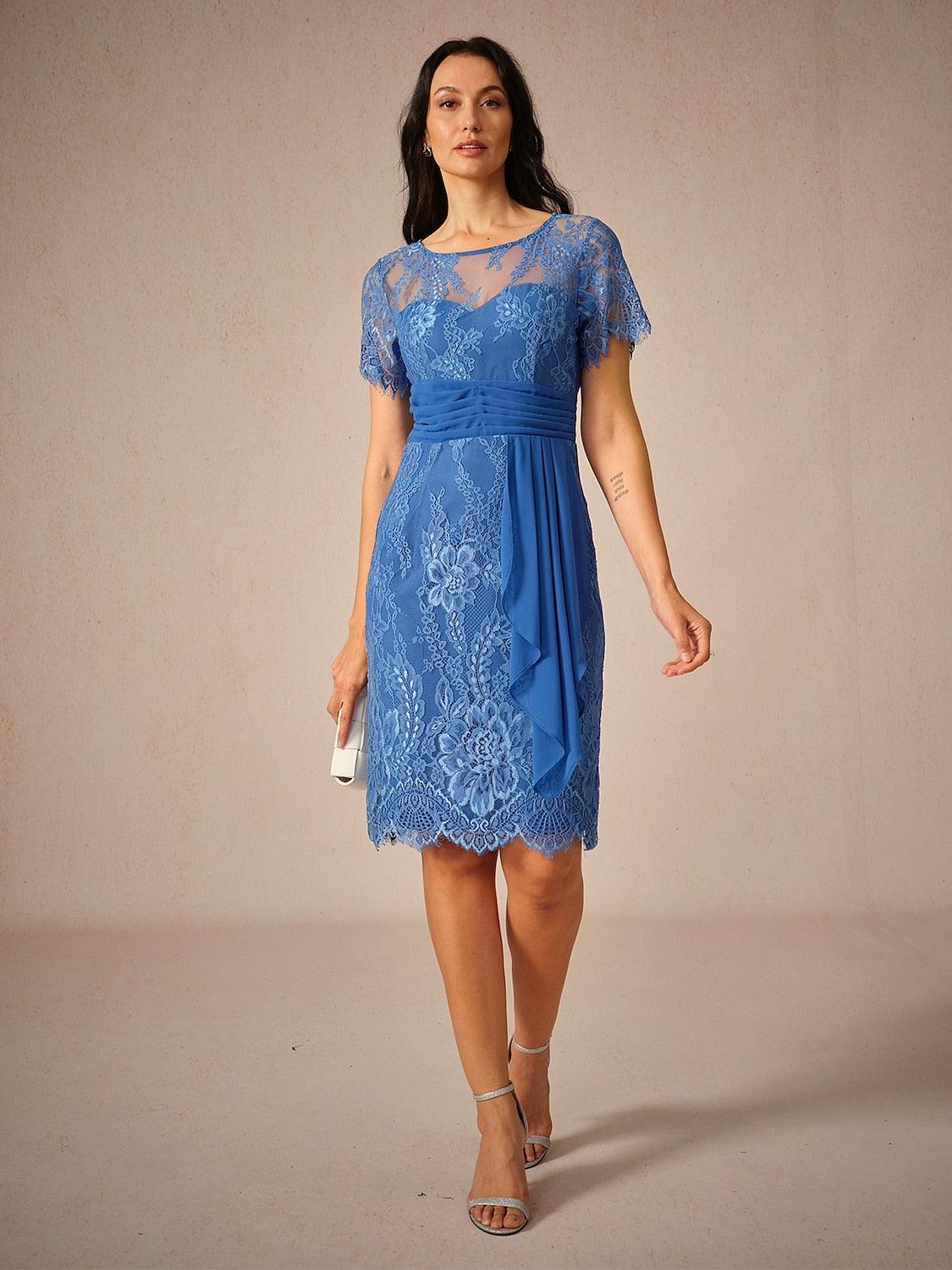 Ruched Pleated Lace Chiffon Dress-S13812981