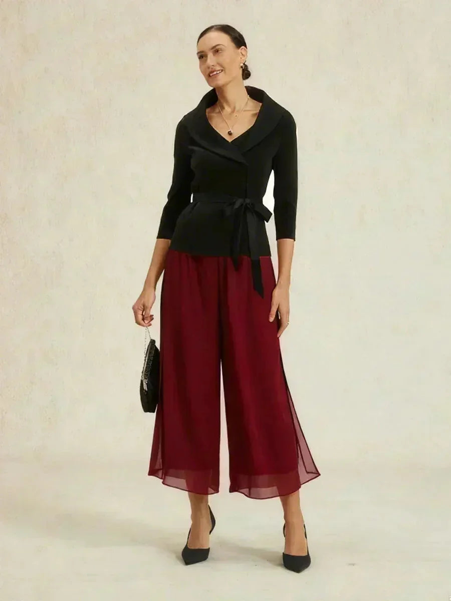 Cropped Length Straight Leg Pant With Chiffon Split Leg Overlay