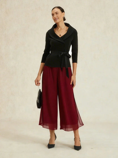 Cropped Length Straight Leg Pant With Chiffon Split Leg Overlay