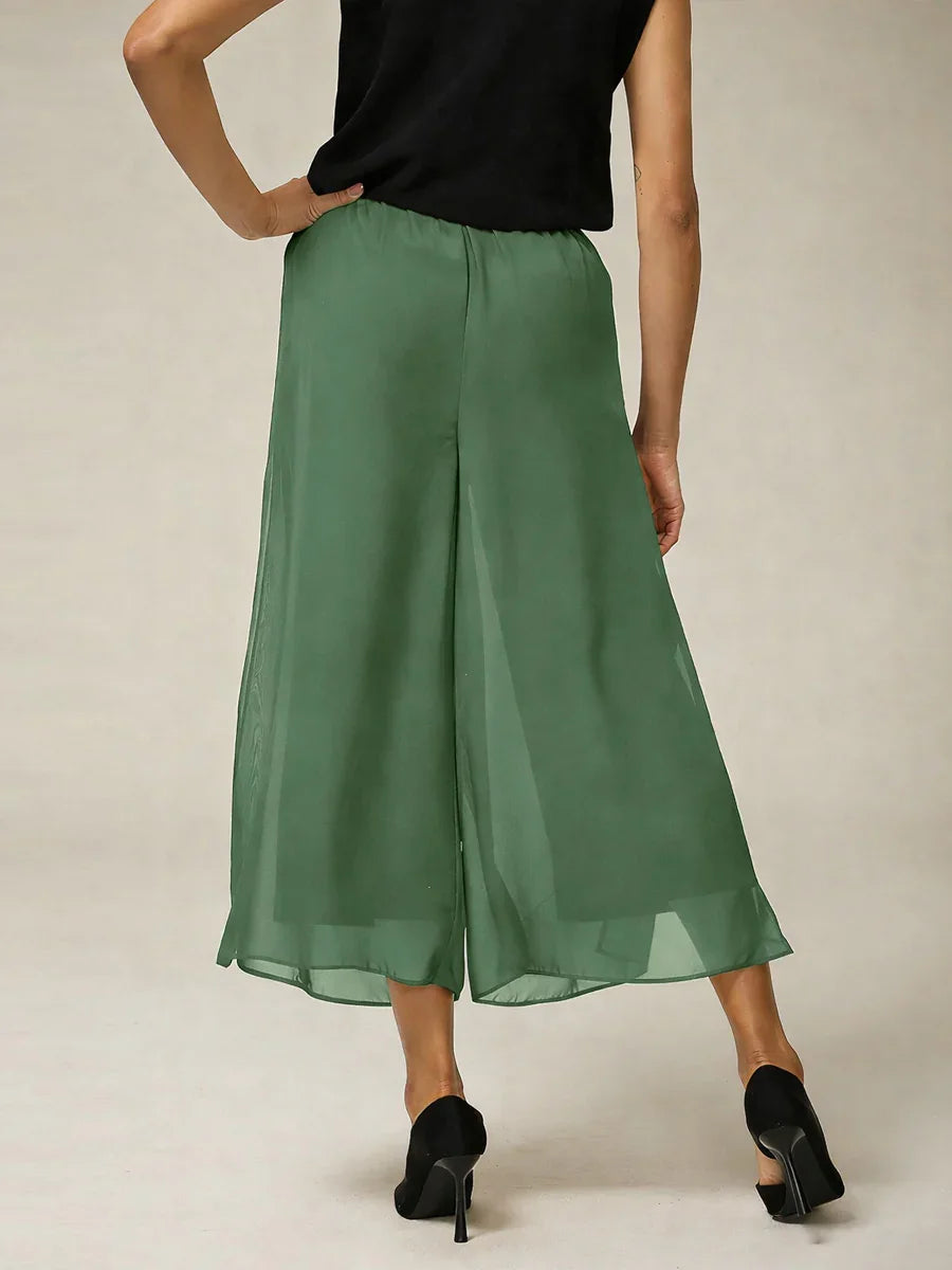 Cropped Length Straight Leg Pant With Chiffon Split Leg Overlay