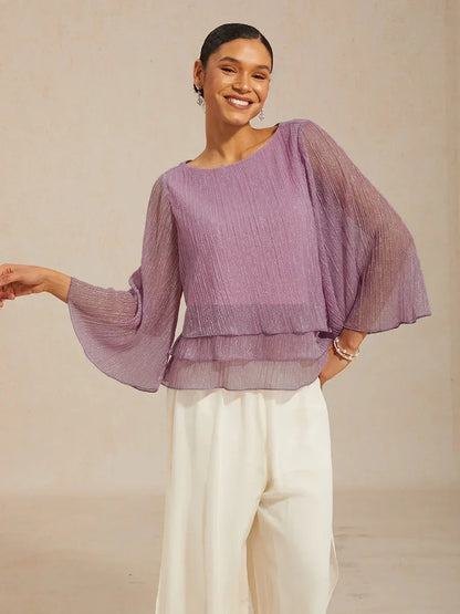 Metallic Pleated Chiffon Asymmetrical Layered Blouse