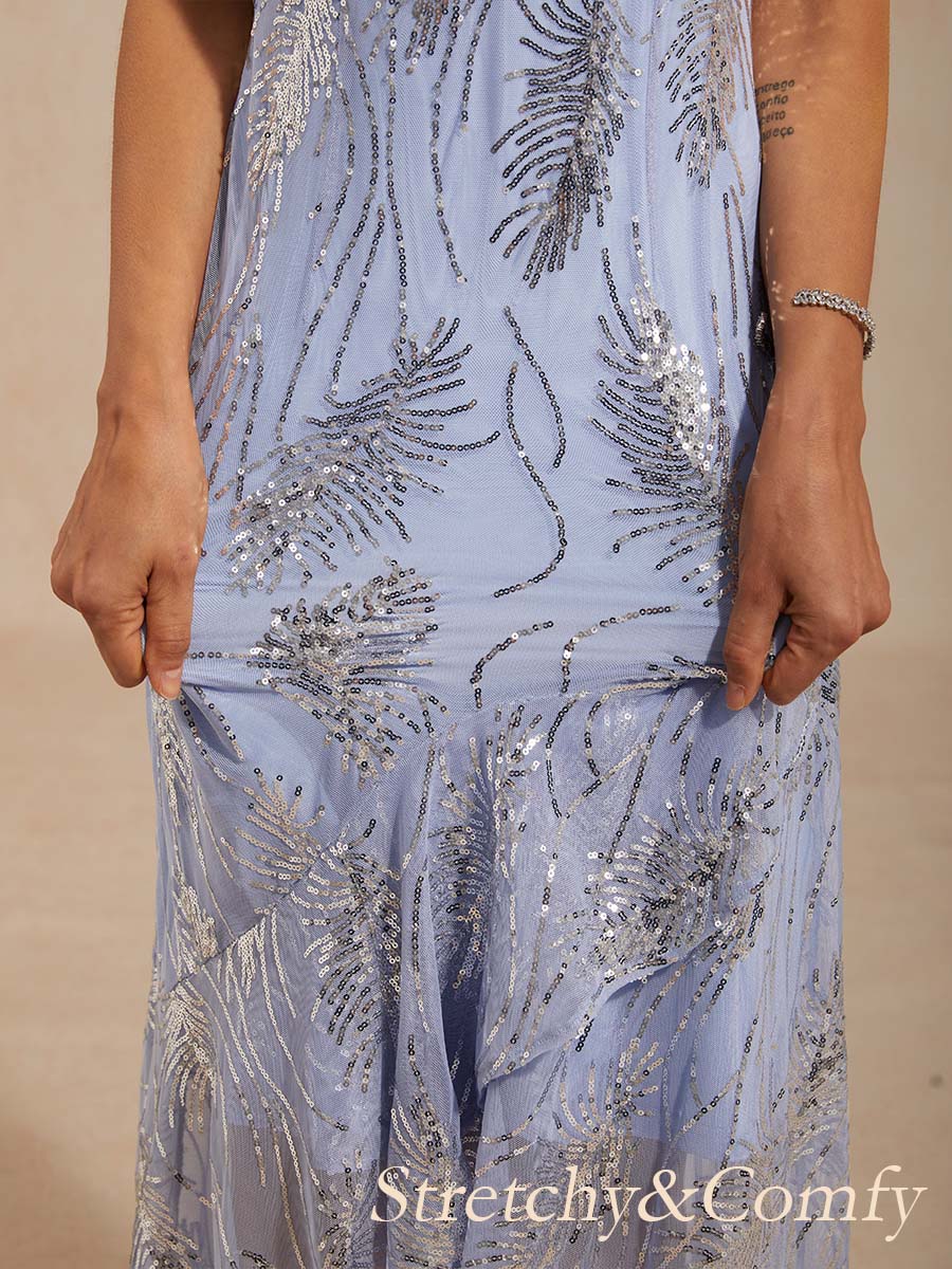 Sleeveless A-Line Maxi Dress with Mesh Sequin