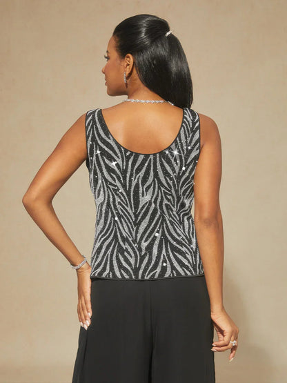 Elegantes Twinset mit Stehkragen und Strass-verziertem Zebra-Print