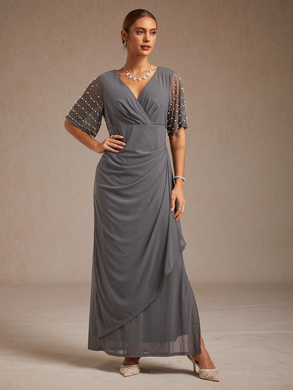 Elegant Formal Dress with Embellished Flutter Sleeves