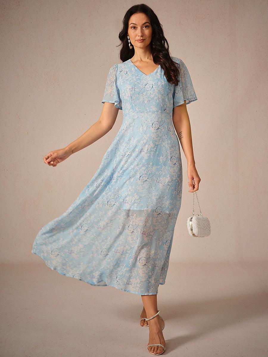 Floral Chiffon A Line Ruffle Sleeve Dress-S16651219