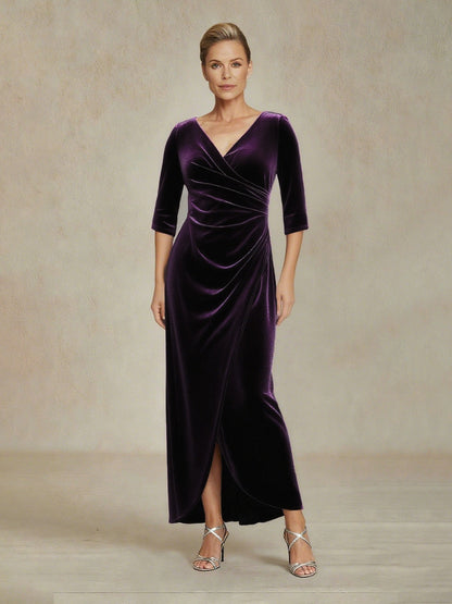 Long Stretch Velvet Evening Dress with 3/4 Sleeves
