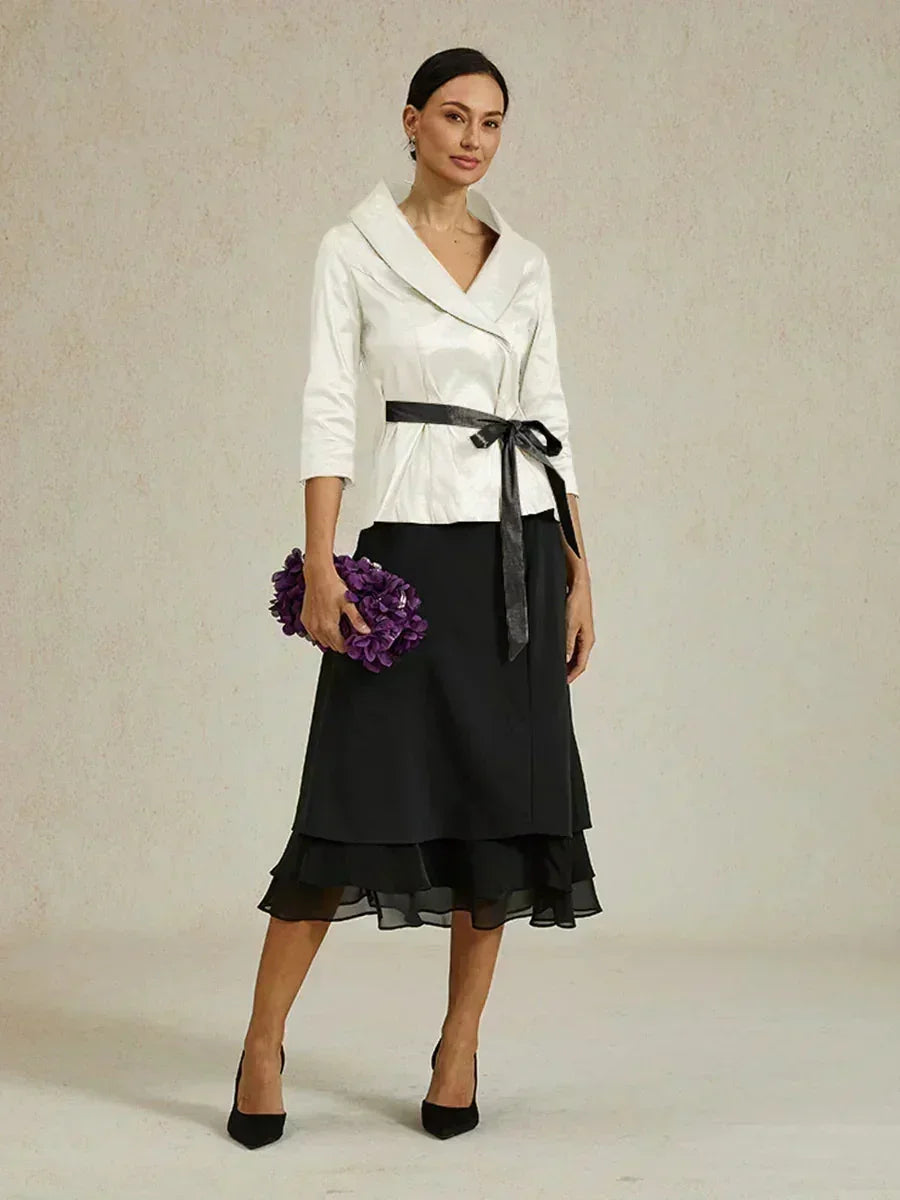 3/4 Sleeve Stretch Taffeta Blouse with Tie Waist Detail