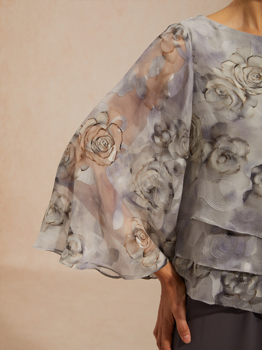 Blouse en Chiffon à Volants Superposés avec Imprimé Floral