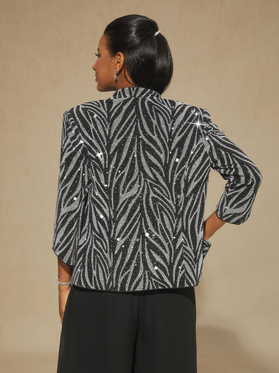 Elegant Mandarin Collar Twinset with Rhinestone-Embellished Zebra Print