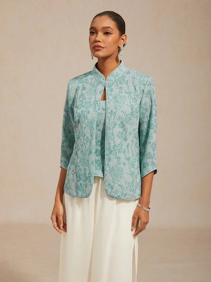 Floral Knit Jacquard Mandarin Collar Twinset