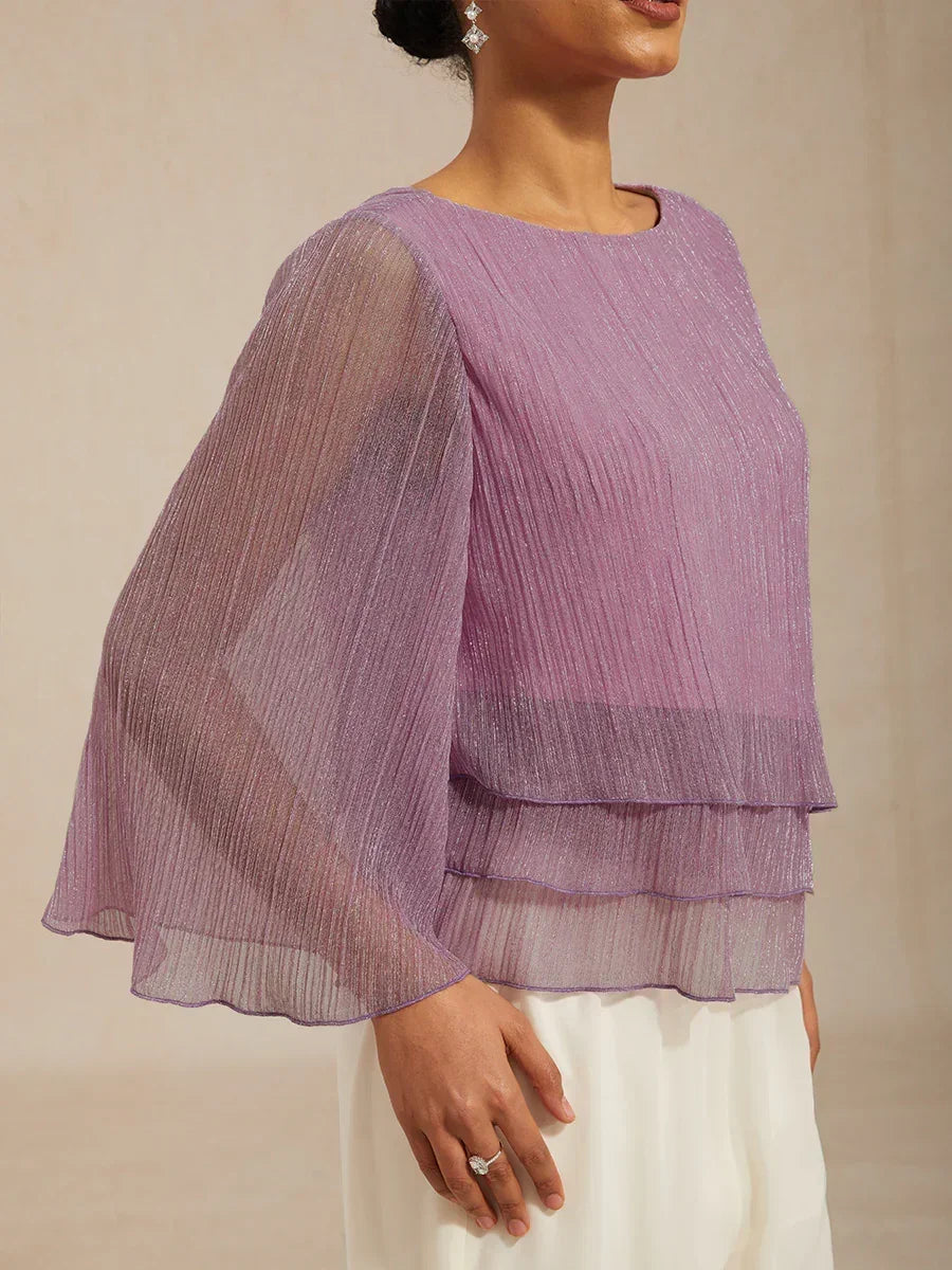 Metallic Pleated Chiffon Asymmetrical Layered Blouse
