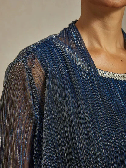 Metallic-plissierte lange Chiffonjacke mit Lagen-Design