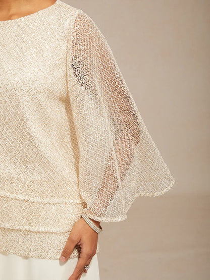 Mesh Sequin Layered Top Chiffon Pant Suits