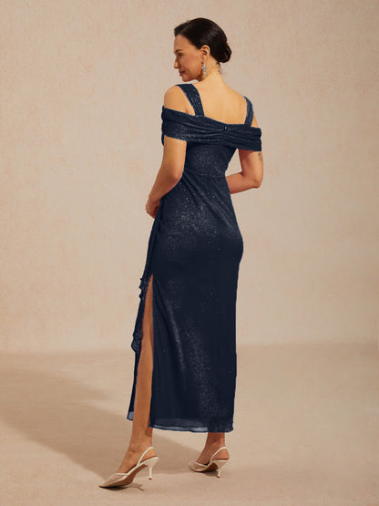 Ankle-Length Cold Shoulder Glitter Mesh Dress