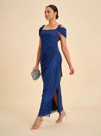 Ankle-Length Cold Shoulder Glitter Mesh Dress