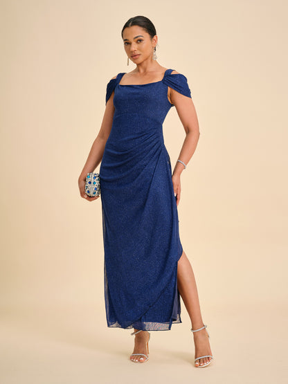 Ankle-Length Cold Shoulder Glitter Mesh Dress