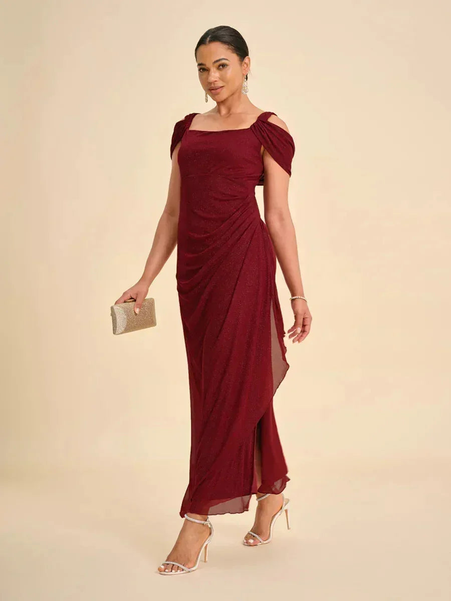Ankle Length Cold Shoulder Dress Evening Gown Split Long Glitter Mesh Wine Royal Blue Fuchsia Formal Wedding Party Spring Summer, Wine / S Ankle Length Cold Shoulder Dress Evening Gown Split Long Glitter Mesh Wine Royal Blue Fuchsia Formal Wedding Party Spring Summer, Wine / S