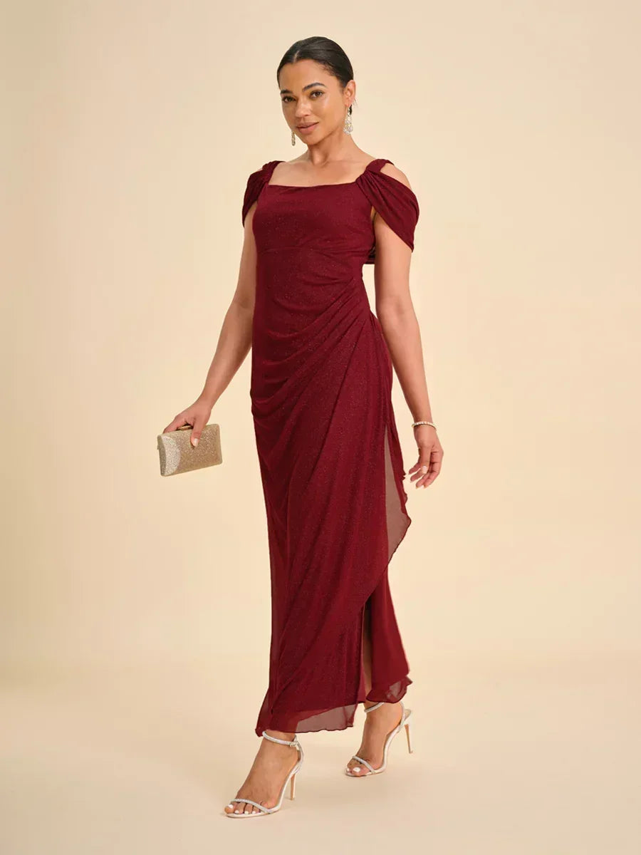 Ankle-Length Cold Shoulder Glitter Mesh Dress