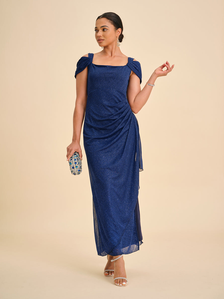 Ankle-Length Cold Shoulder Glitter Mesh Dress