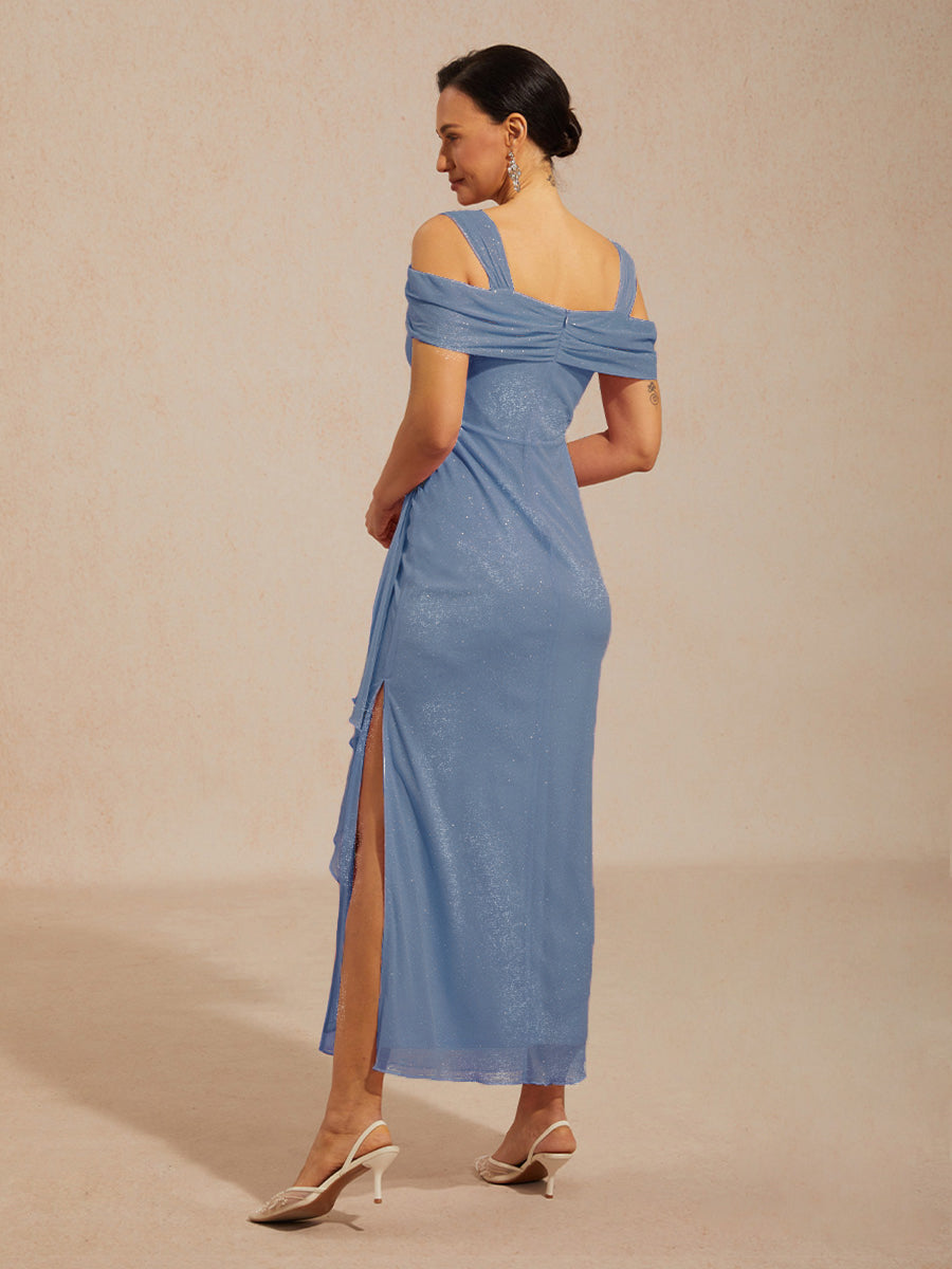 Ankle-Length Cold Shoulder Glitter Mesh Dress