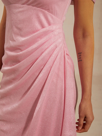 Ankle-Length Cold Shoulder Glitter Mesh Dress