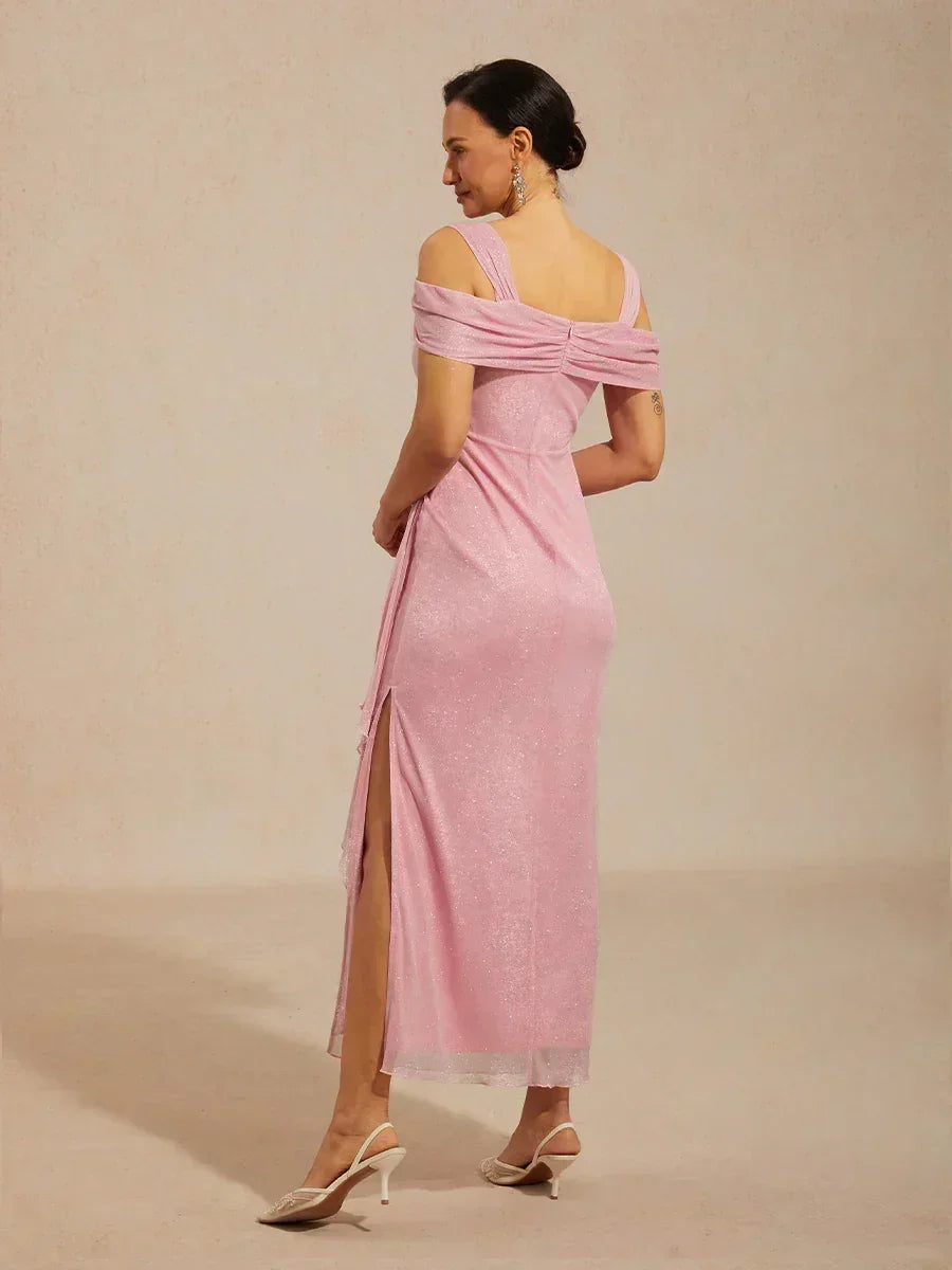 A Line Ankle Length Cold Shoulder Gala Dresses Silver Cowl Neck Wedding Guest Attire For Mature Fashion Women Over 50 Modest, Pink / M A Line Ankle Length Cold Shoulder Gala Dresses Silver Cowl Neck Wedding Guest Attire For Mature Fashion Women Over 50 Modest, Pink / M